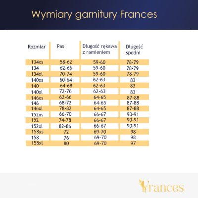 Tabela rozmiarów garnitury Frances